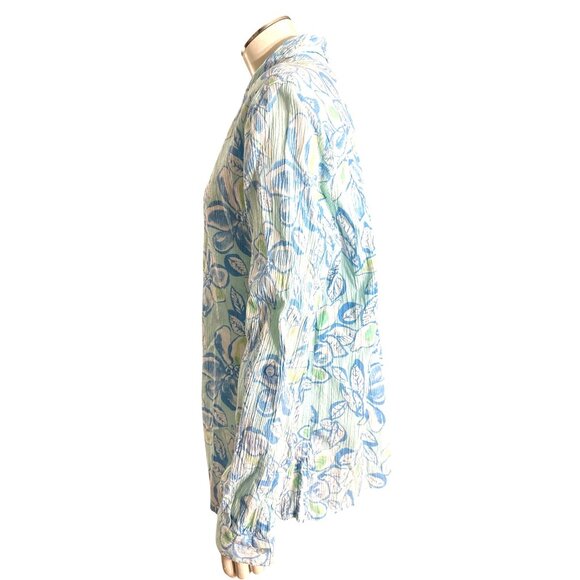 Appleseeds Size Large Blue Green Floral Button Shirt Coastal Garden Style Casual - Picture 4 of 10